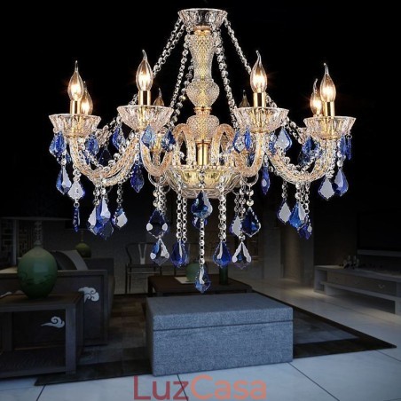 Lustre de Cristal Europeu Luxo Pingente Azul Claro Pingente Lustre de Cristal Europeu Luxo Pingente Azul Claro Pingente