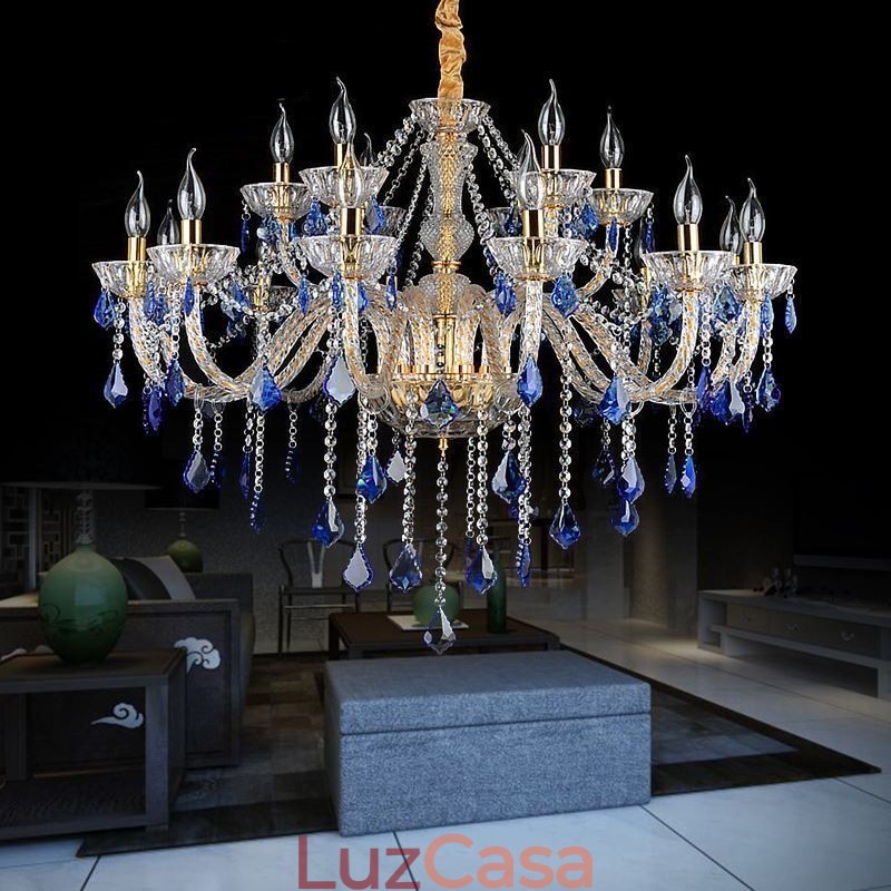 Lustre de Cristal Europeu Luxo Pingente Azul Claro Pingente