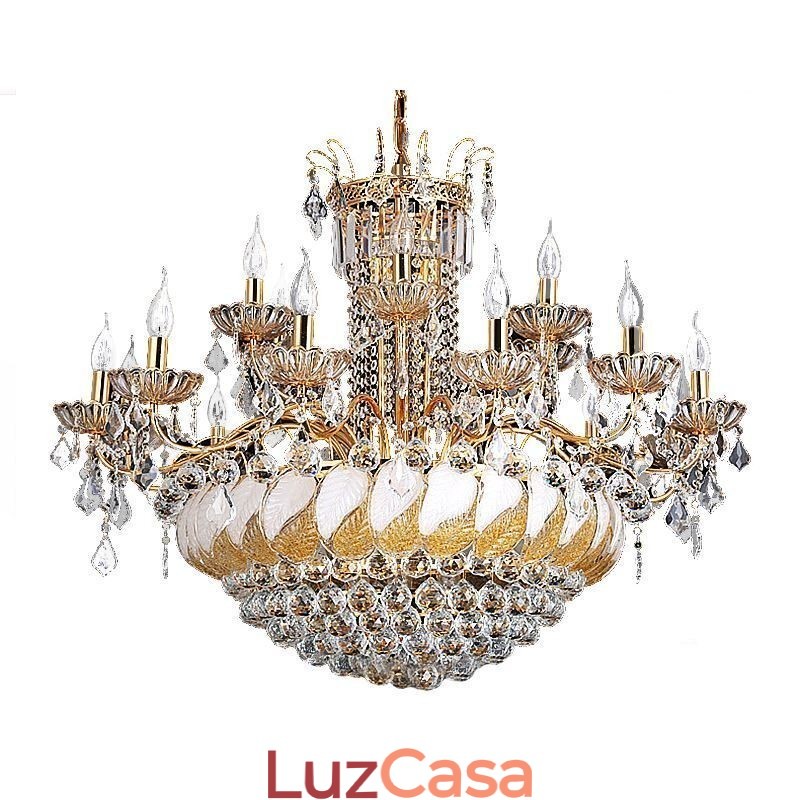 Grande lustre de cristal de luxo europeu com luz de teto dourada