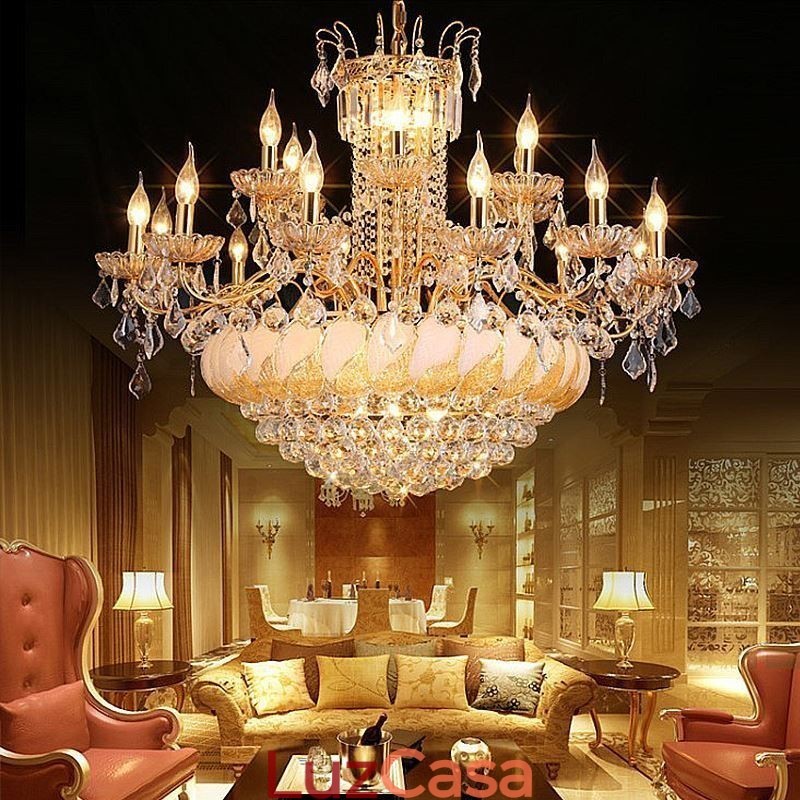 Grande lustre de cristal de luxo europeu com luz de teto dourada