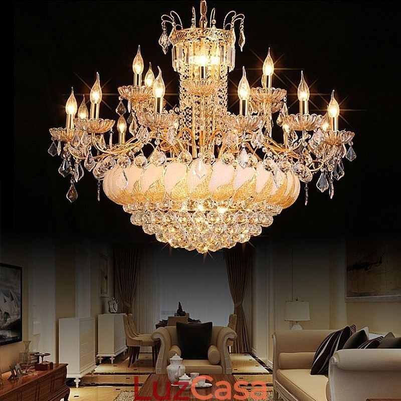 Grande lustre de cristal de luxo europeu com luz de teto dourada