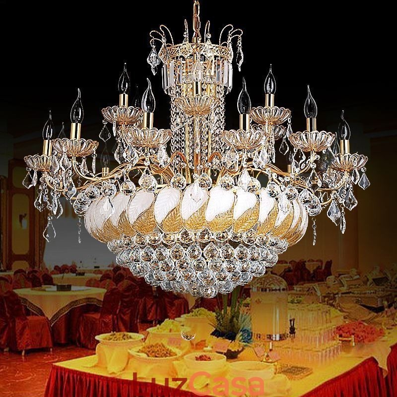 Grande lustre de cristal de luxo europeu com luz de teto dourada