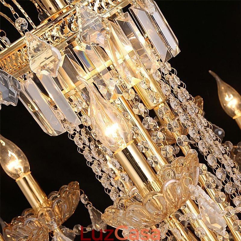 Grande lustre de cristal de luxo europeu com luz de teto dourada