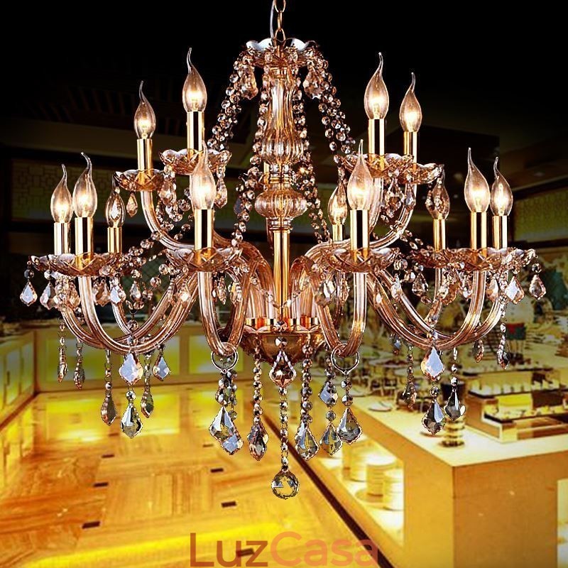 Lustre de cristal europeu elegante grande luz pendente âmbar