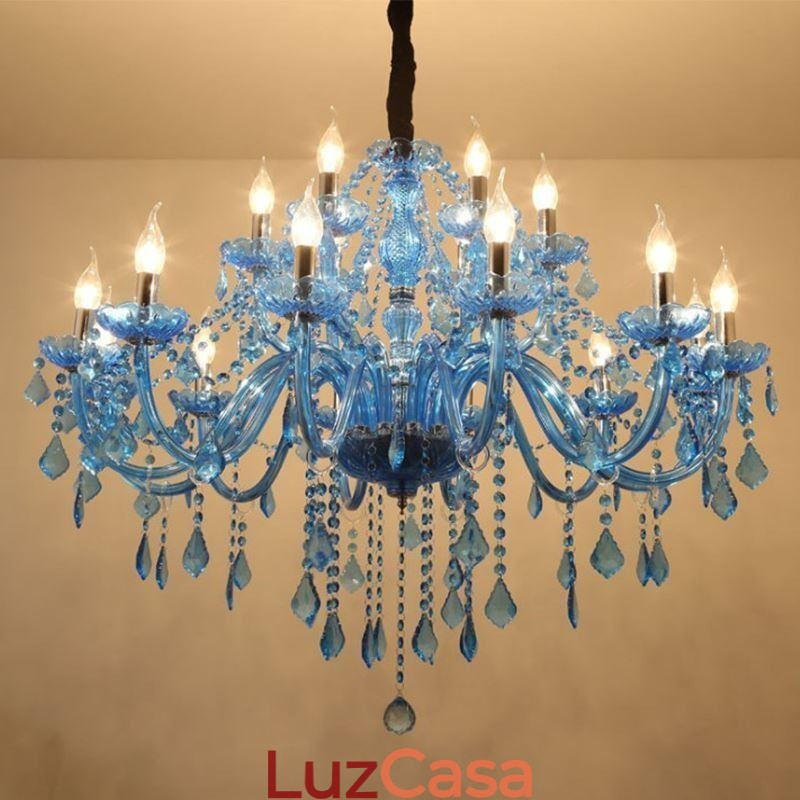 Grande Lustre de Cristal Europeu Pendente Azul Claro Cor Estética