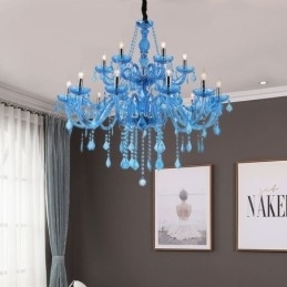 Grande Lustre de Cristal Europeu Pendente Azul Claro Cor Estética