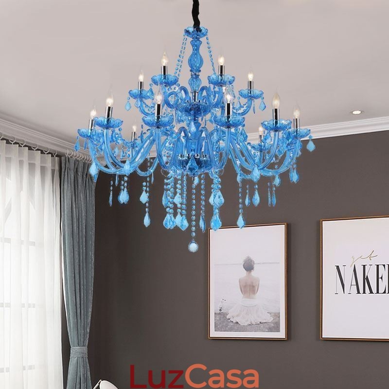 Grande Lustre de Cristal Europeu Pendente Azul Claro Cor Estética