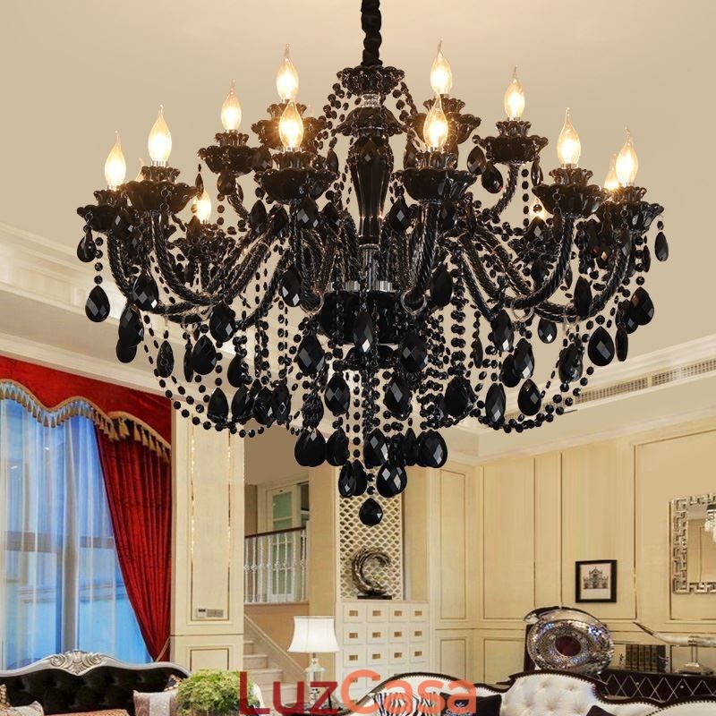Lustre de cristal de luxo estilo europeu, luz pendente preta
