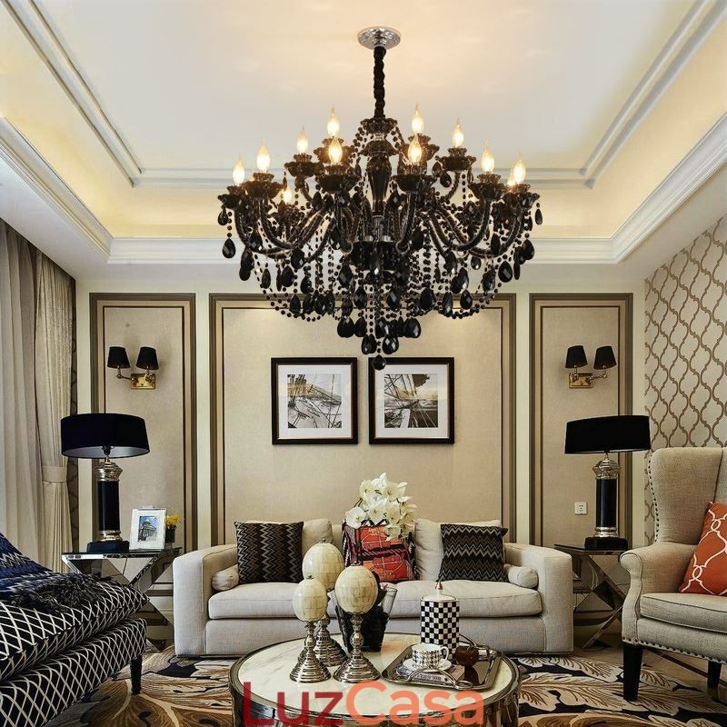 Lustre de cristal de luxo estilo europeu, luz pendente preta