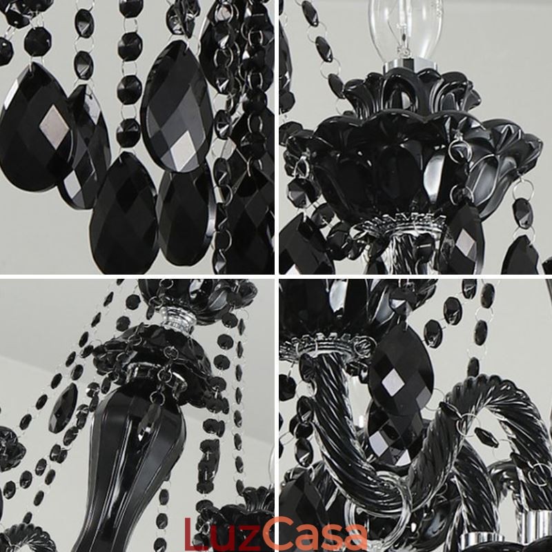 Lustre de cristal de luxo estilo europeu, luz pendente preta