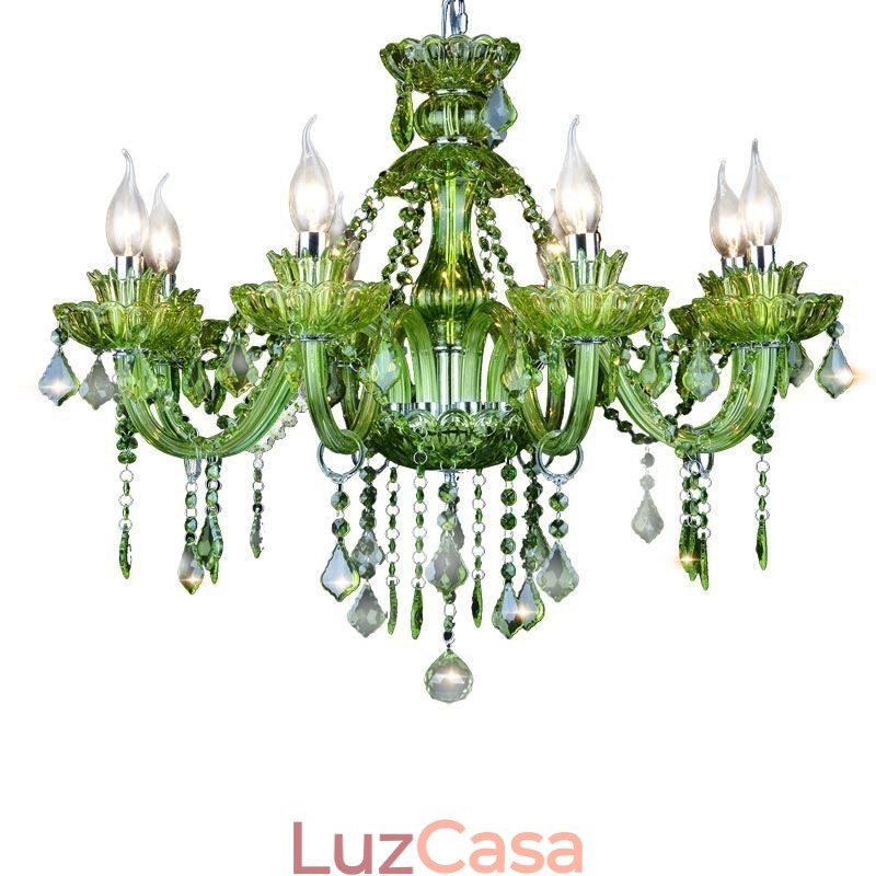 Lustre de cristal verde estilo europeu, luz pendente de vela