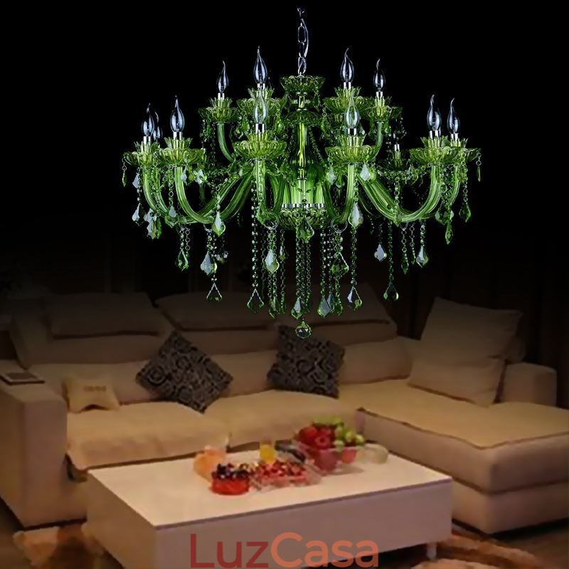 Lustre de cristal verde estilo europeu, luz pendente de vela