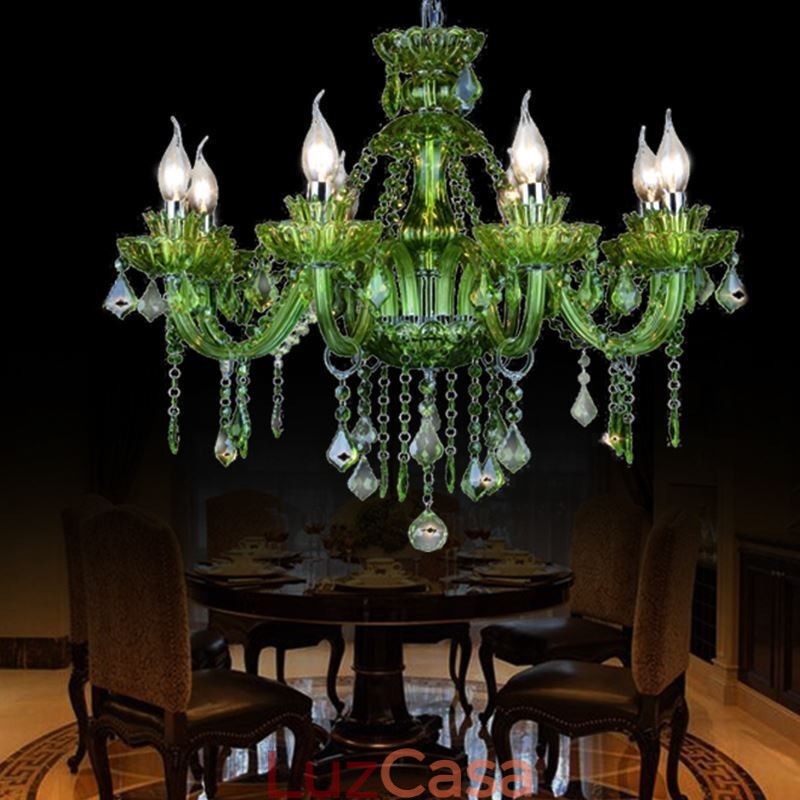 Lustre de cristal verde estilo europeu, luz pendente de vela