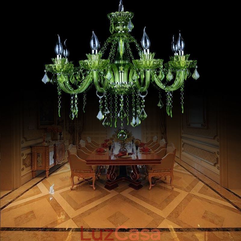 Lustre de cristal verde estilo europeu, luz pendente de vela