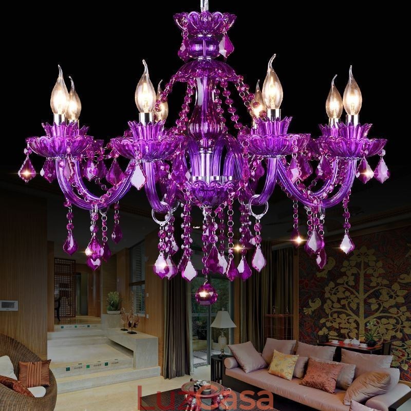Elegante lustre europeu de cristal roxo para teto