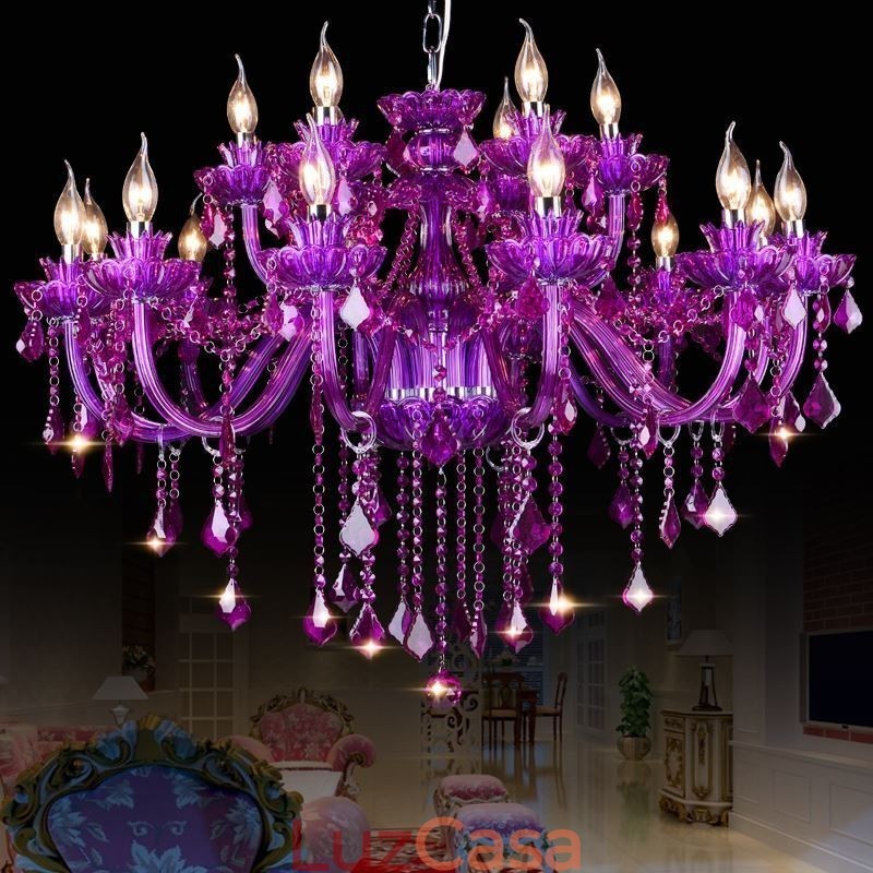 Elegante lustre europeu de cristal roxo para teto