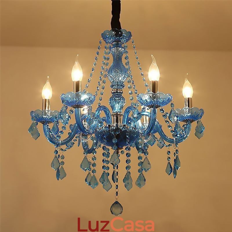 Lustre de cristal azul estilo europeu, luz pendente exclusiva