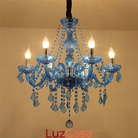 Lustre de cristal azul estilo europeu, luz pendente exclusiva Lustre de cristal azul estilo europeu, luz pendente exclusiva