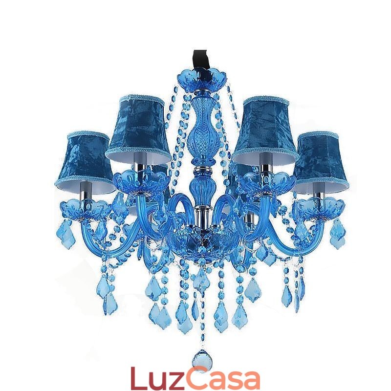 Lustre de cristal azul estilo europeu, luz pendente exclusiva