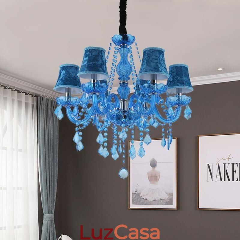 Lustre de cristal azul estilo europeu, luz pendente exclusiva
