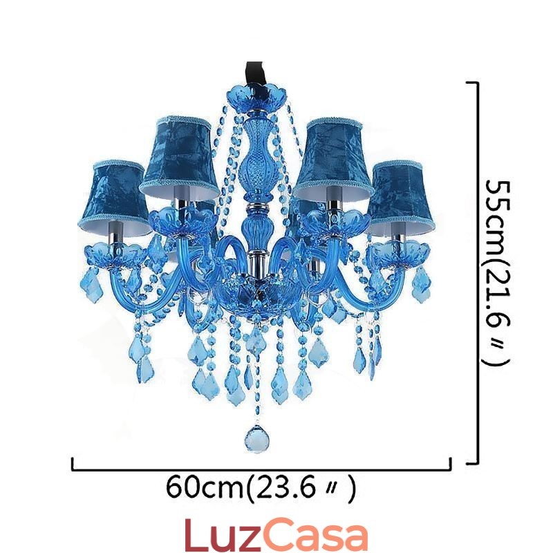 Lustre de cristal azul estilo europeu, luz pendente exclusiva