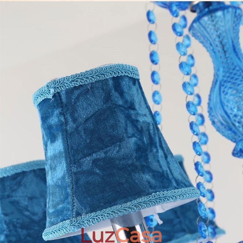 Lustre de cristal azul estilo europeu, luz pendente exclusiva