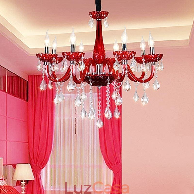 Lustre de cristal europeu moderno cor vermelha luz de teto