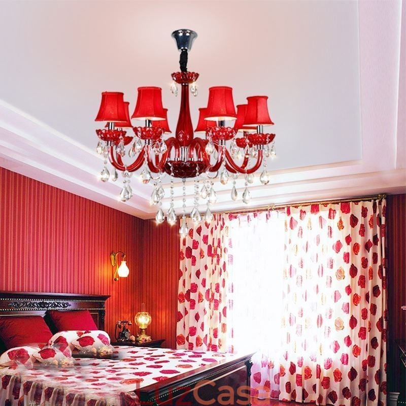 Lustre de cristal europeu moderno cor vermelha luz de teto