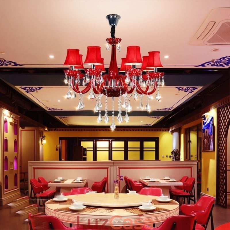 Lustre de cristal europeu moderno cor vermelha luz de teto