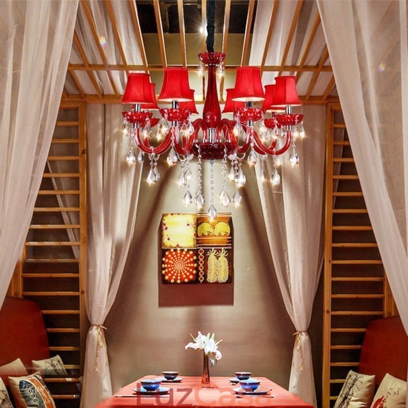 Lustre de cristal europeu moderno cor vermelha luz de teto