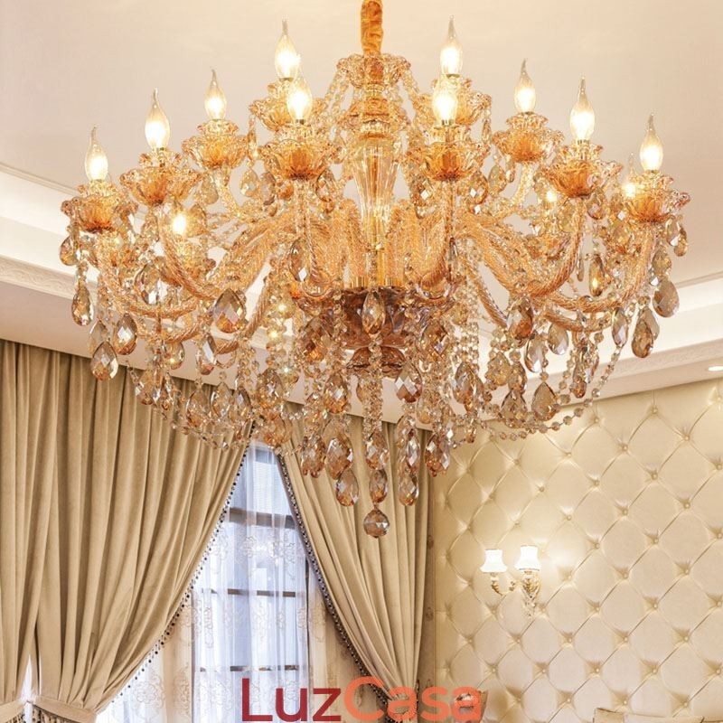 Lustre de cristal europeu, luminária pendente de luxo em conhaque