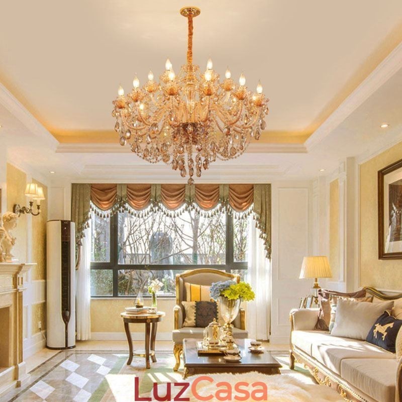 Lustre de cristal europeu, luminária pendente de luxo em conhaque