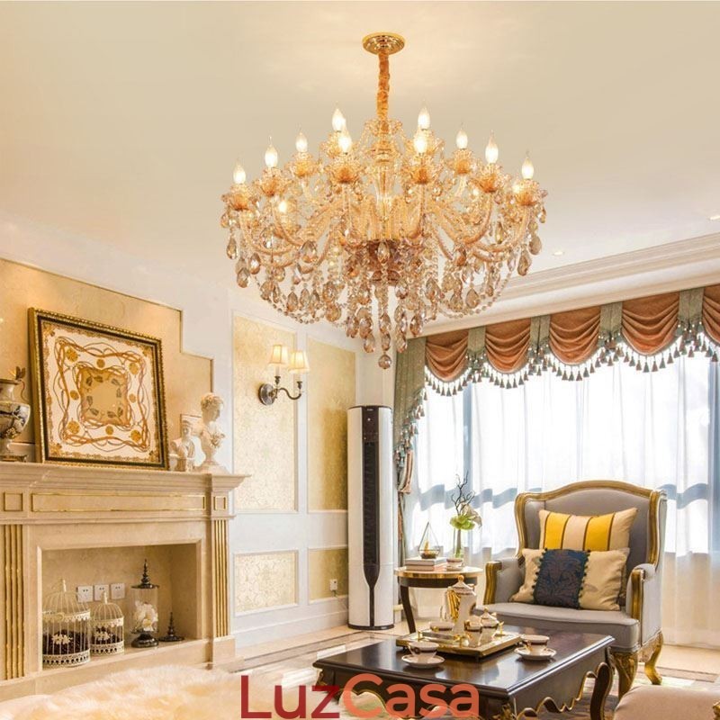 Lustre de cristal europeu, luminária pendente de luxo em conhaque