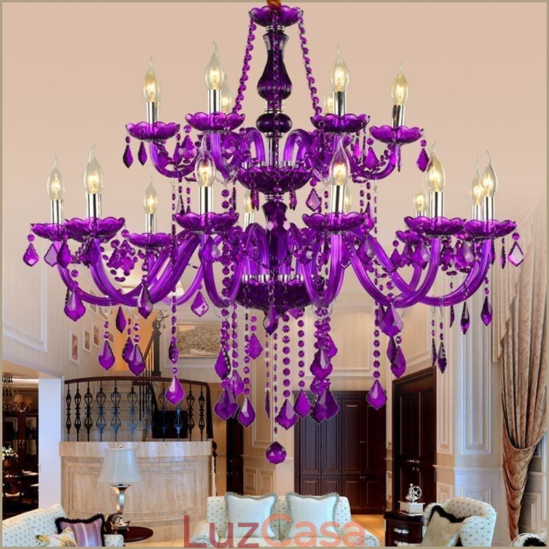 Lustre de cristal estilo europeu, luz pendente roxa