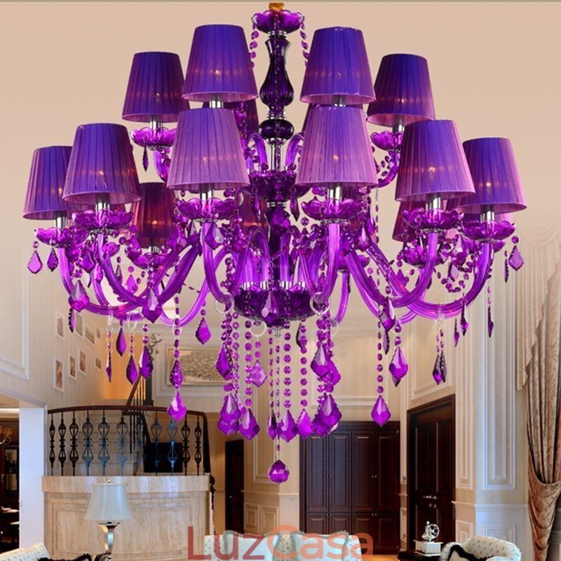 Lustre de cristal estilo europeu, luz pendente roxa
