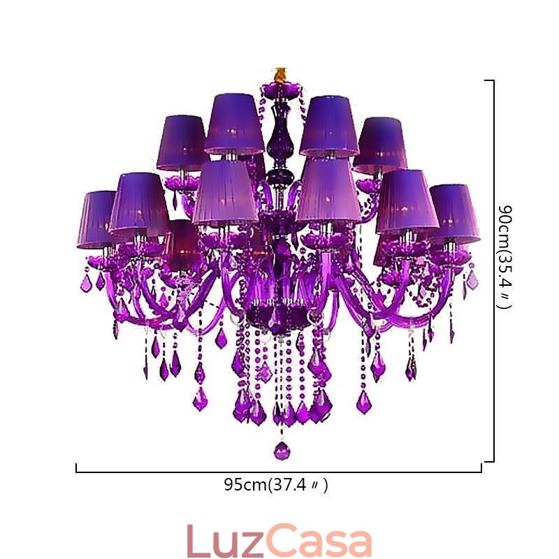 Lustre de cristal estilo europeu, luz pendente roxa