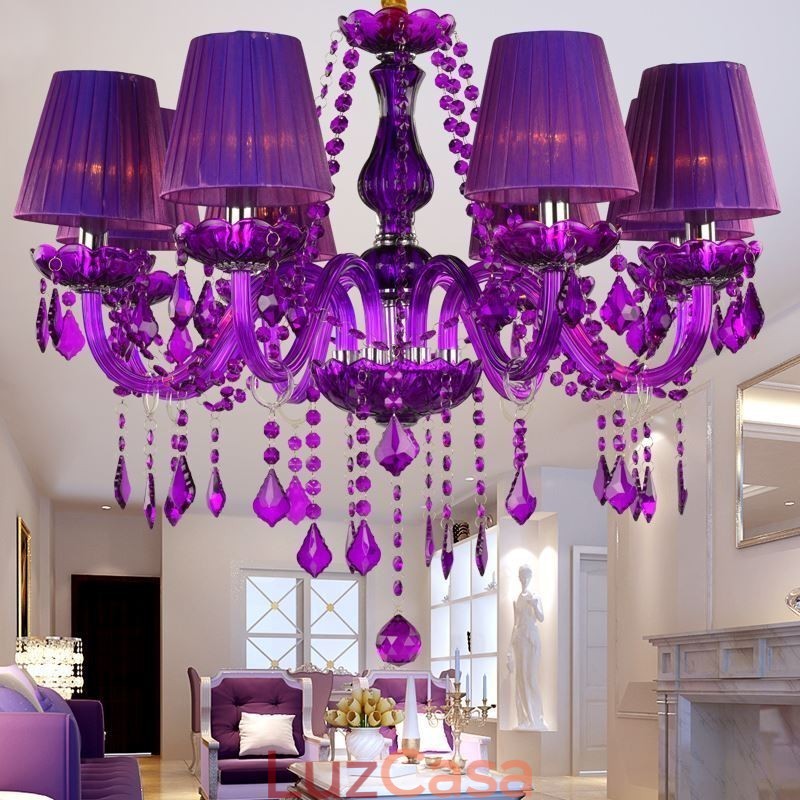 Elegante lustre de cristal estilo europeu luz pendente roxa