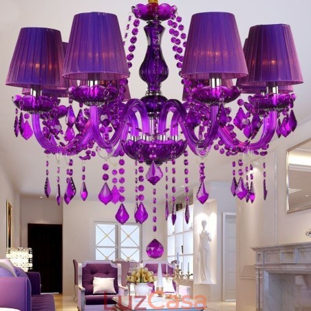 Elegante lustre de cristal estilo europeu luz pendente roxa Elegante lustre de cristal estilo europeu luz pendente roxa