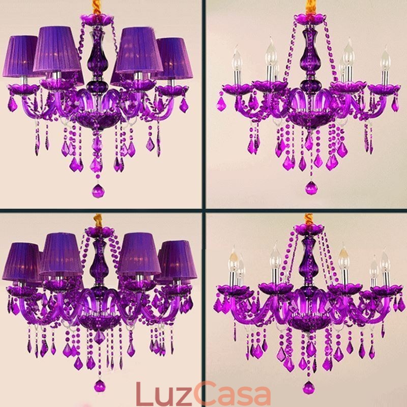 Elegante lustre de cristal estilo europeu luz pendente roxa