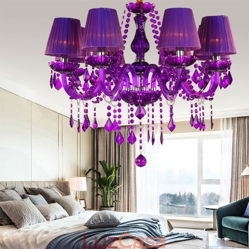Elegante lustre de cristal estilo europeu luz pendente roxa