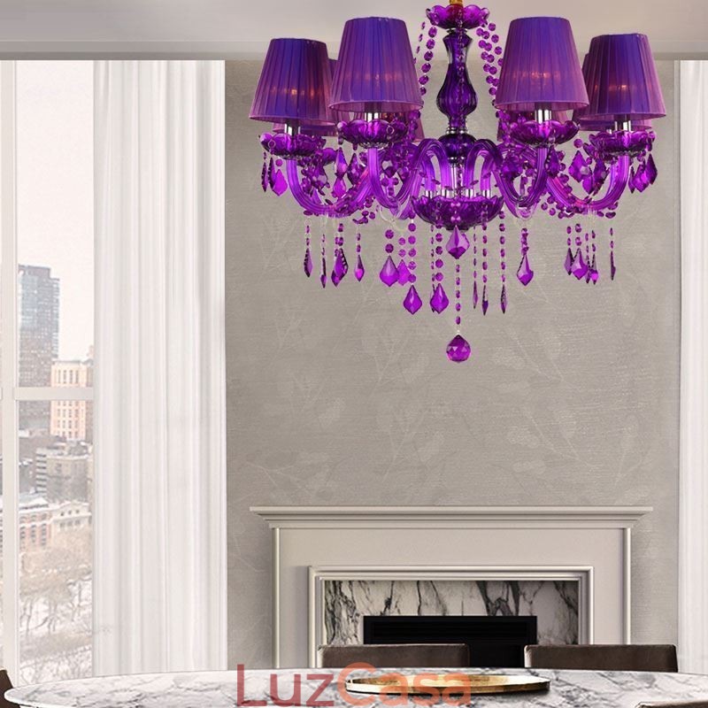 Elegante lustre de cristal estilo europeu luz pendente roxa