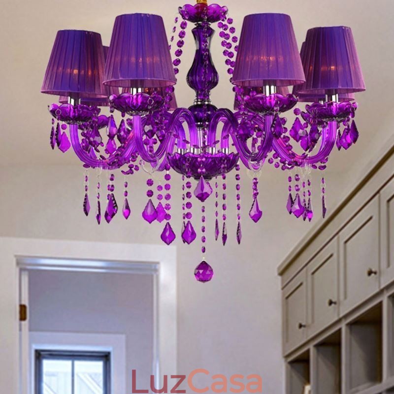 Elegante lustre de cristal estilo europeu luz pendente roxa