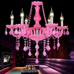 Lustre de cristal estilo europeu rosa luz pendente romântico