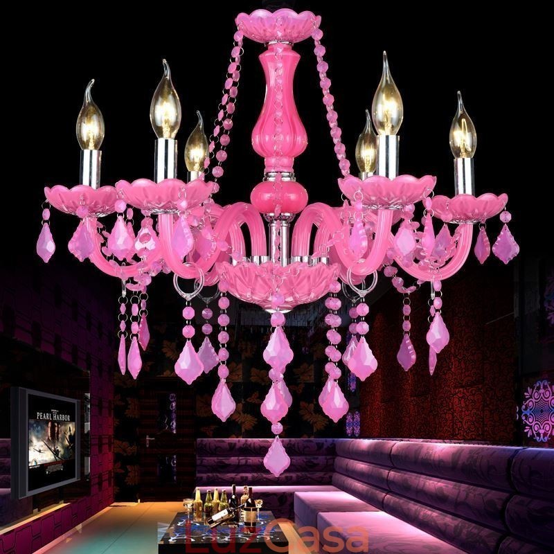 Lustre de cristal estilo europeu rosa luz pendente romântico