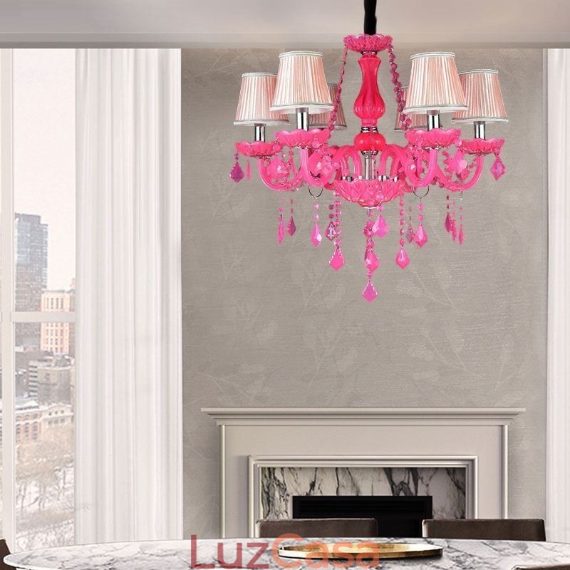 Lustre de cristal estilo europeu rosa luz pendente romântico