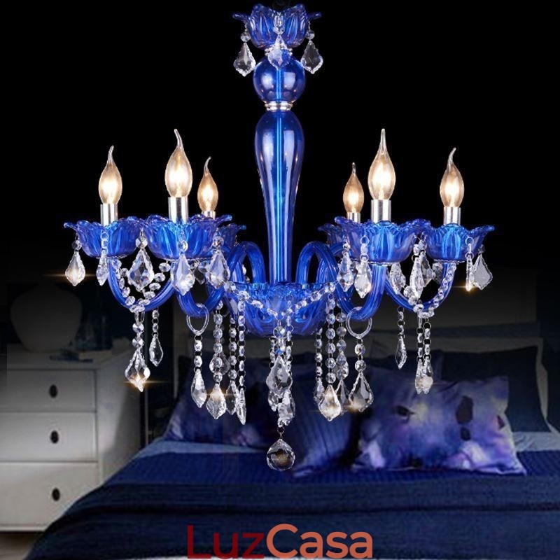 Lustre de cristal estilo europeu, luz pendente de vidro de cristal azul