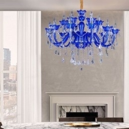 Lustre de cristal estilo europeu, luz pendente de vidro de cristal azul