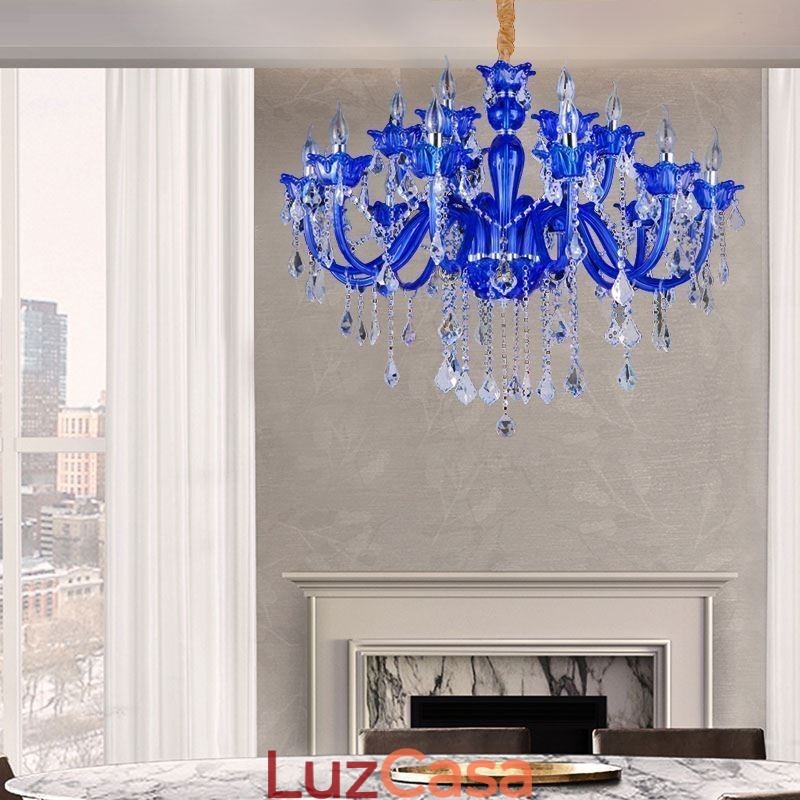 Lustre de cristal estilo europeu, luz pendente de vidro de cristal azul