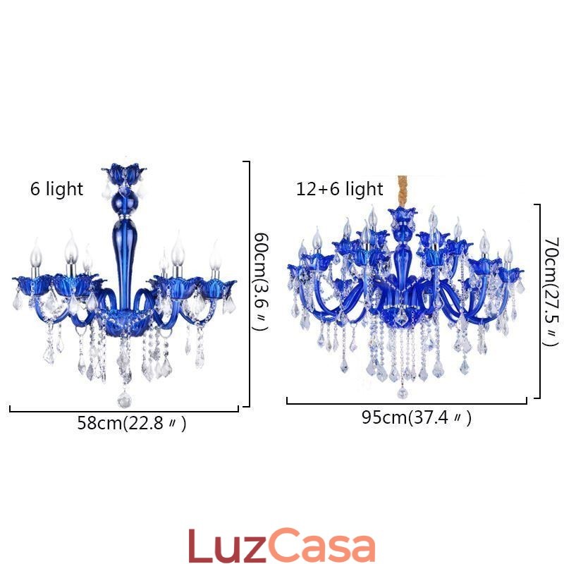 Lustre de cristal estilo europeu, luz pendente de vidro de cristal azul