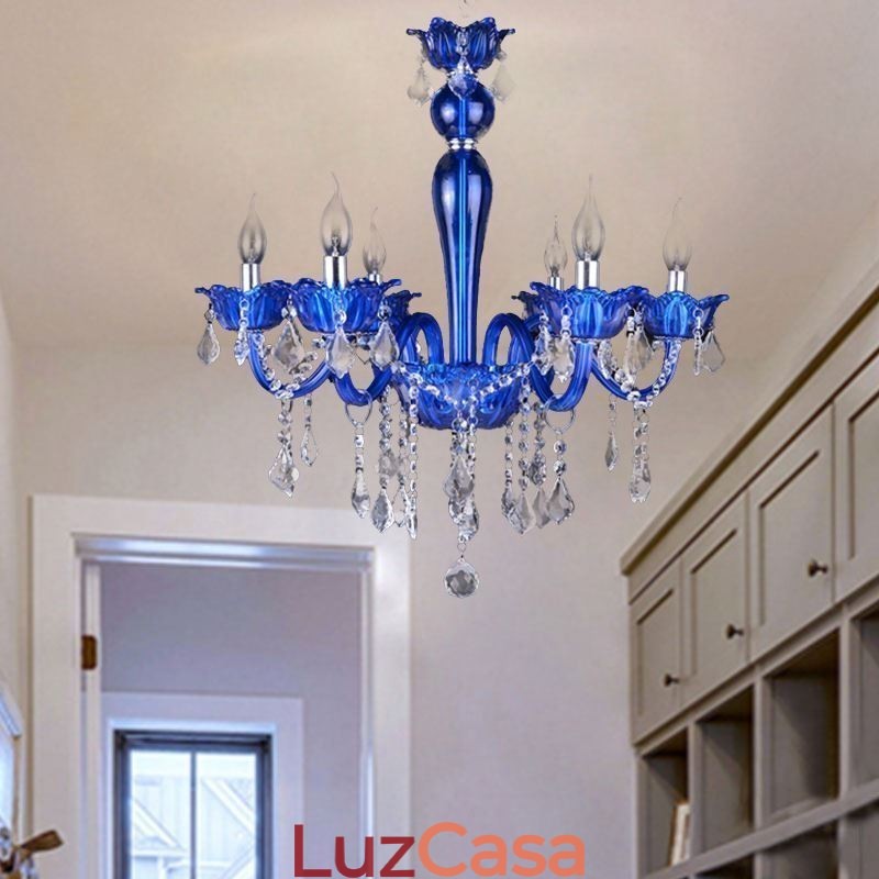 Lustre de cristal estilo europeu, luz pendente de vidro de cristal azul